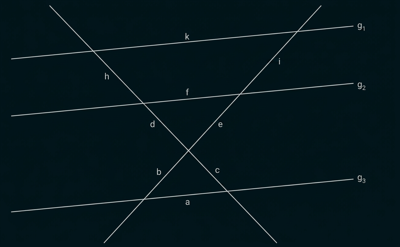 Geometrische Darstellung mit drei parallelen Geraden g1, g2, g3 und zwei sich kreuzenden Geraden.